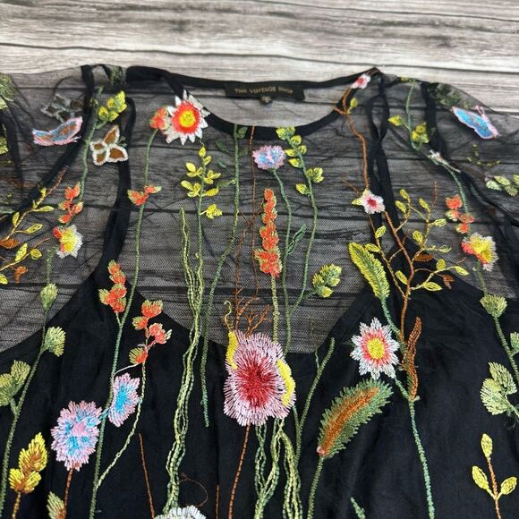 The Vintage Shop Women's Short Lace Overlay Mini Dress S SM Small Black Floral - Picture 5 of 14